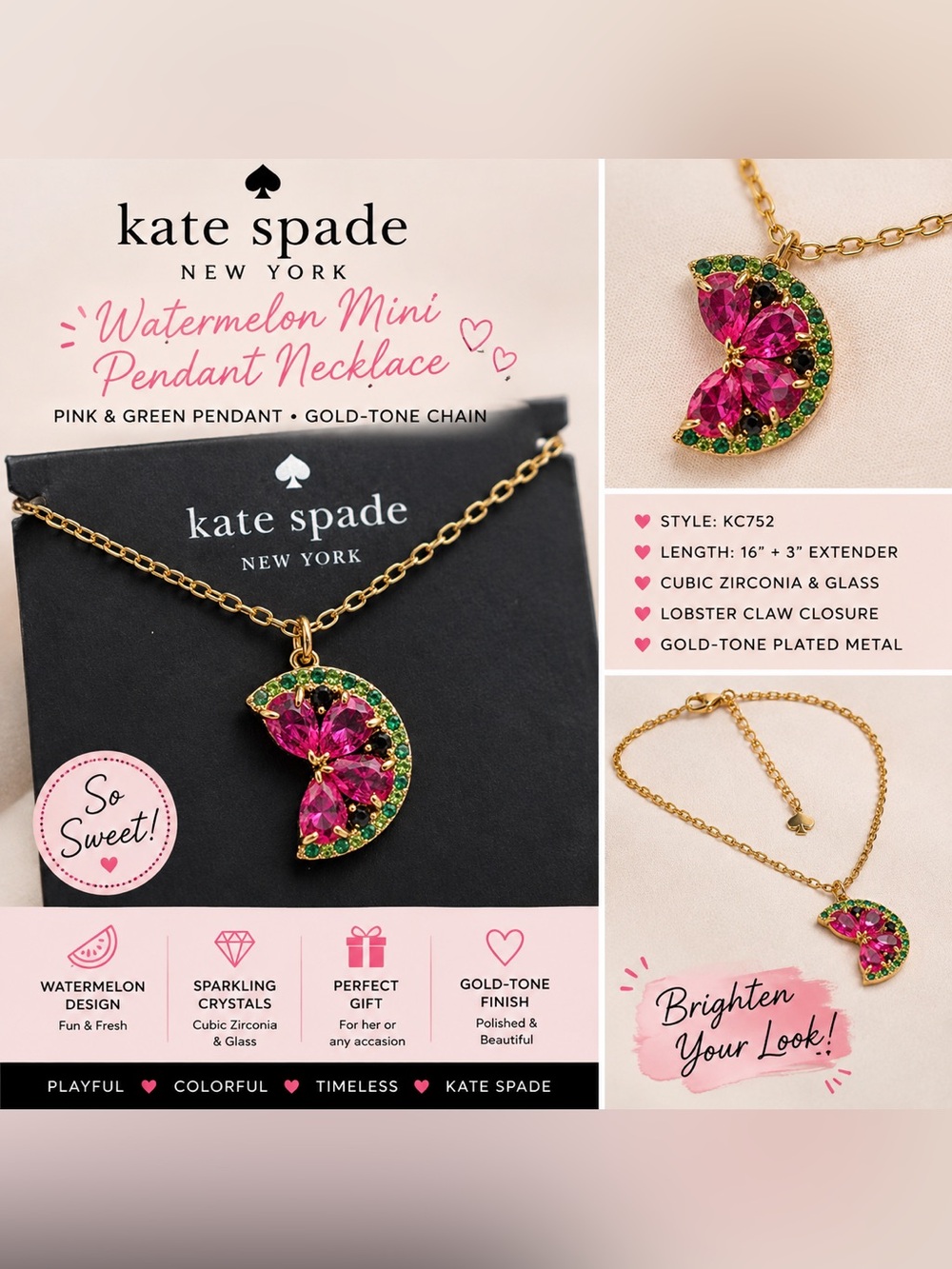 Kate Spade Watermelon Mini Pendant Necklace Pink Green Gold